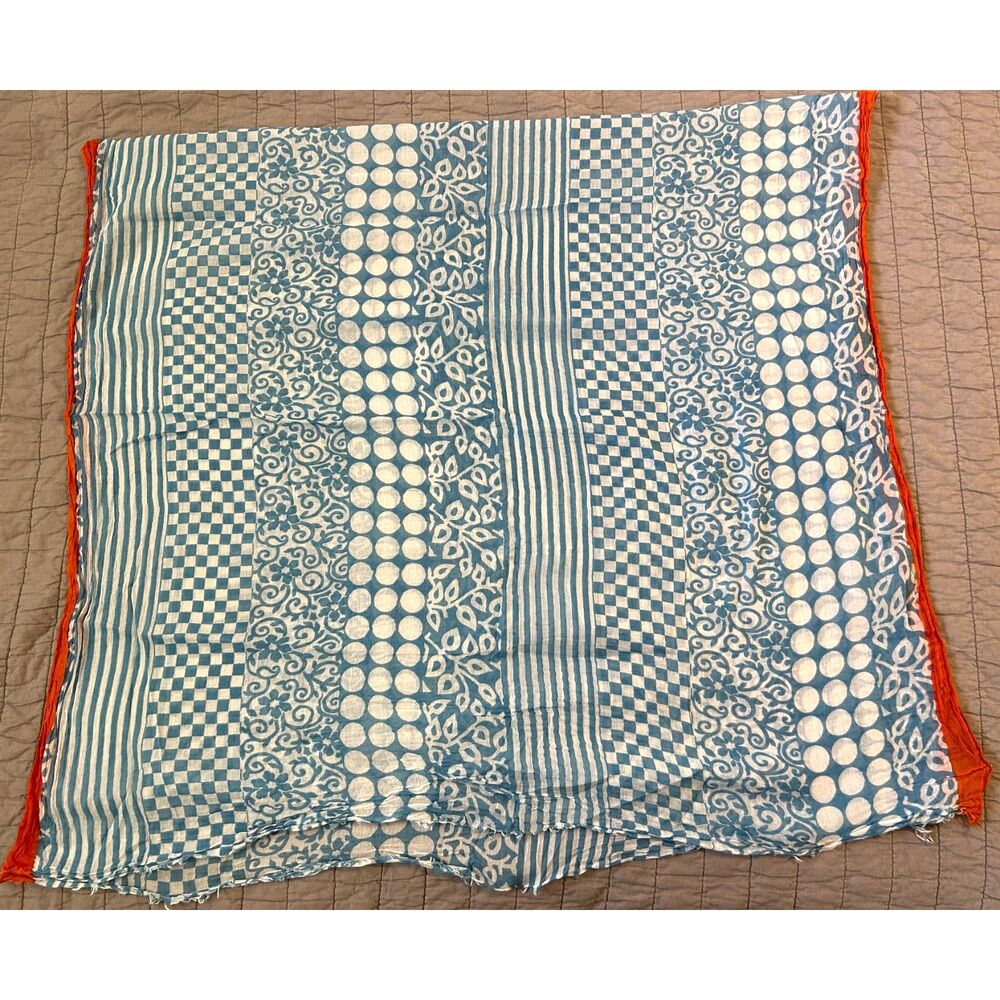 2 Chic Scarf Wrap Blue Orange White Block Print